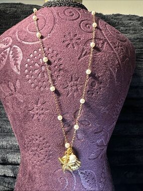 Kenneth Jay Lane Gold Pearl Charm Necklace with Shell & Starfish Accents